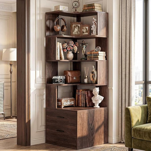 Armocity Corner Bookshelf with Drawers, 7 Tier Corner Book Shelf Display Bookcase, Freestanding L Shaped Bookshelf for Bedroom, Home Office, Black Walnut