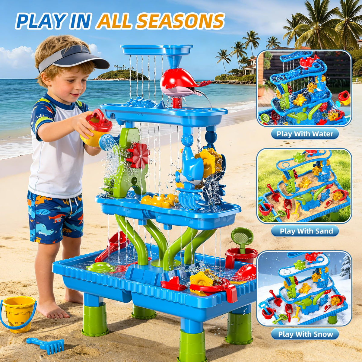 Sand Water Table, 4-Tier Rectangular Sand and Water Table for Toddlers 1.5+, Outdoor Splash and Play Activity Set for Boys and Girls Ages 2 3 4 5 6 7 8 Years, Indoor Outdoor Water Play Sensory Toys
