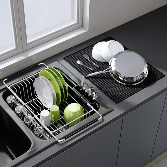 JASIWAY Dish Drying Rack in Sink with Mat, Expandable Stainless Steel Dish Drainers for Kitchen Counter, Space Saving Dish Dryer Rack for Inside Sink, Over Sink Dish Racks with Utensil Holder