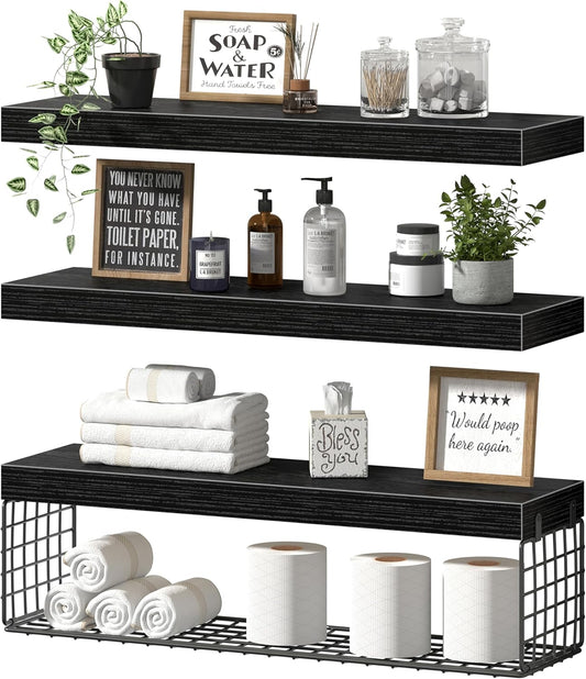QEEIG Floating Bathroom Shelves - 24-Inch Wall Storage for Toilet Paper | Set of 3, Black
