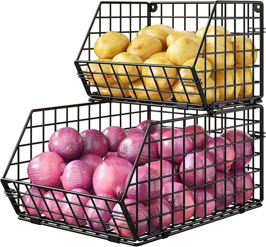 2-Tier Stackable Wire Baskets for Counter, Potato and Onion Storage Bin, Fruit and Vegetable Storage Bins with Ventilated Mesh，Kitchen Pantry Organizer - Wall Basket for Produce/Snack/Can, Black