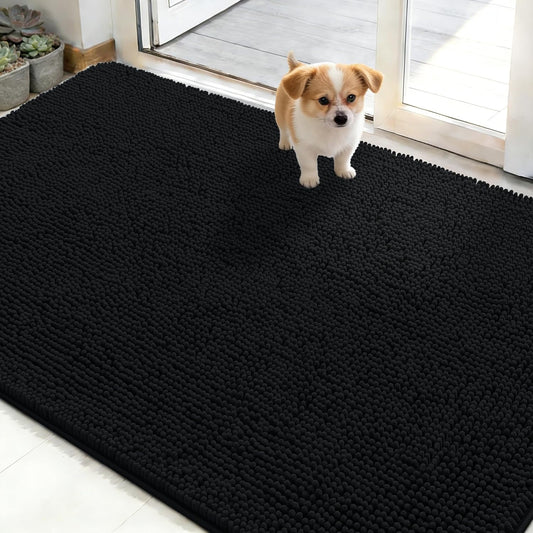 OLANLY Dog Door Mat - Absorbent Non-Slip Chenille Mat for Muddy Paws | 50x30 Inches, Quick Dry, Black