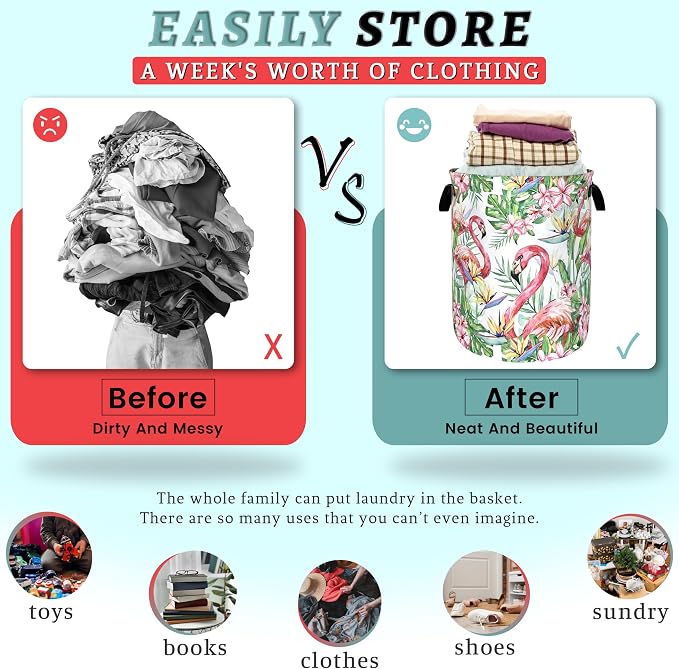 Pink Flamingo Laundry Basket Tropical Leaves Pink Floral Hamper Foldable Oxford Cloth Birds Colorful Tote Bag Clothes Toy Storage Bucket For Bathroom/Laundry Storage/Bedroom 18.9 x 16.5 Inch