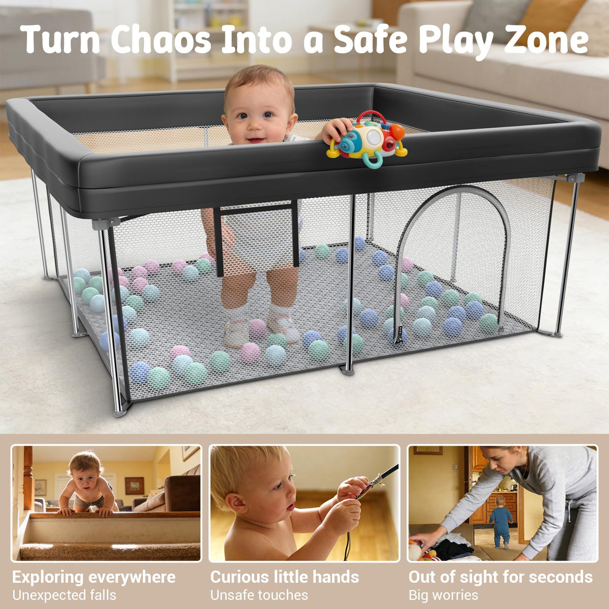 Desque Foldable Baby Playpen with Mat, 50"×50" Collapsible Play Yard for Babies and Toddlers, No Assembly Required, Kids Safety Play Area with 4 Handles, 50 Balls and Visible Mesh, Black