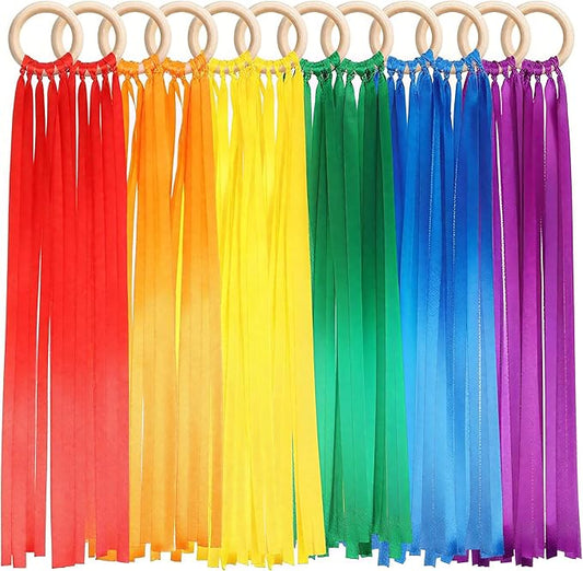 Deekin 12 Pcs Rainbow Ribbon Wooden Waldorf Toys Creative Waldorf Hand Kite Set Streamers with Wood Ring Sensory Learning Educational Toy for Playroom Dancing Birthday(Stylish Color)