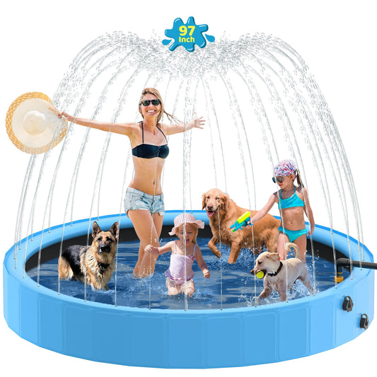 Raxurt Dog Pool with Sprinkler, 97'' Foldable Dog Pools for Large Dogs, 2-in-1 PVC Non Slip Pet Bathing Tub for Outdoor Backyard, Blue