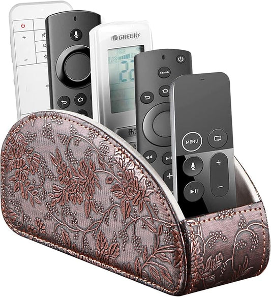 YAPISHI All-in-One Leather Brown TV Remote Holder with 5 Compartments Nightstand Desktop Media Player Remote Caddy Storage Box Organizer Tray for Mobile Office Phone Controller