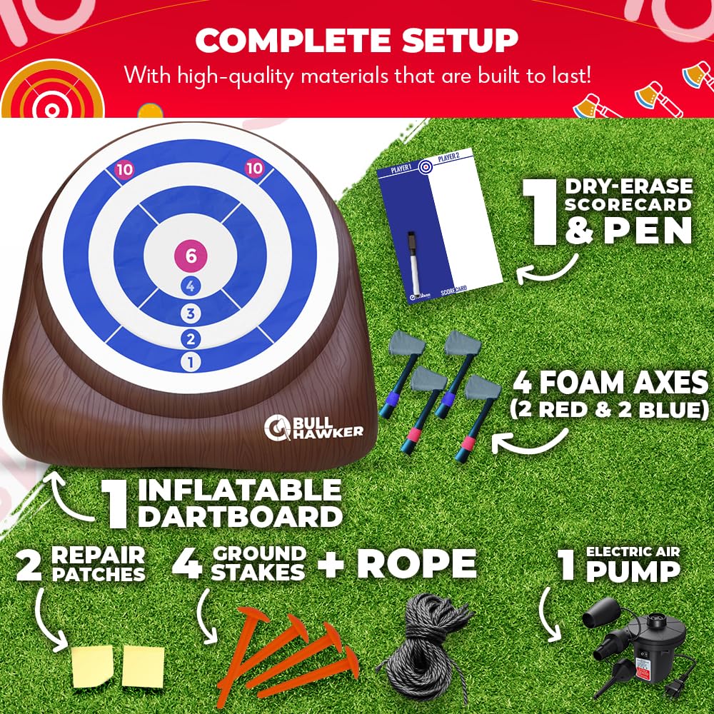 Swooc Games® - XL Bull Hawker™ | Giant Axe Darts (Over 8ft Tall) w/ 15+ Games | Axe Throwing Game for Backyard w/Air Pump | Outdoor Games for Adults and Family | Carnival Game | Throwing Yard Fun