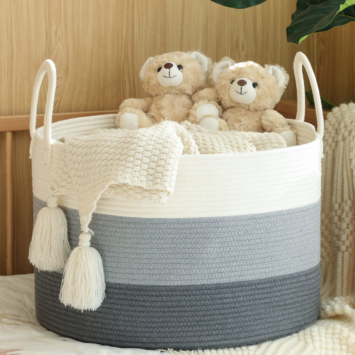 KAKAMAY Large Blanket Basket (20"x13"),Woven Baskets for storage Baby Laundry Hamper,Cotton Rope Blanket Basket for Living Room, Laundry, Nursery, Pillows, Baby Toy chest with Handles (White/Grey)