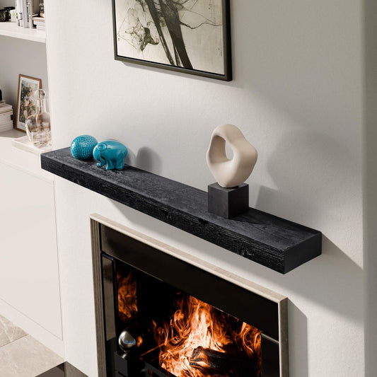 BoscoMondo Solid Wood Fireplace Mantel Shelf, Floating Mantle for Living Room, Farmhouse Rustic Wood Mantel, Easy Wall Mount with Heavy-Duty Metal Bracket (72", Intense Black)
