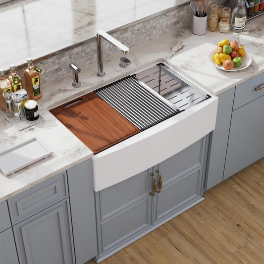 33 White Farmhouse Sink Workstation, Hugsleek Undermount Farm Kitchen Sink 33x21 inch Apron Front White Porcelain Ceramic Fireclay Sinks Ledge Accessories Under Counter Single Bowl Farmer Sinks Basin
