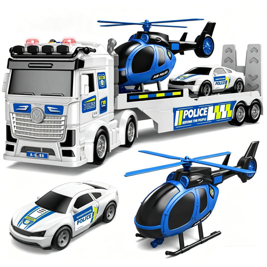 DWIRCTOYS Kids Toys for Ages 3 4 5 6 7 8 Years Old Boys, 25" Large Police Semi Truck with Helicopter & Race Car, Friction Powered Vehicle with Lights & Sounds,Birthday Gift for Boys Girls