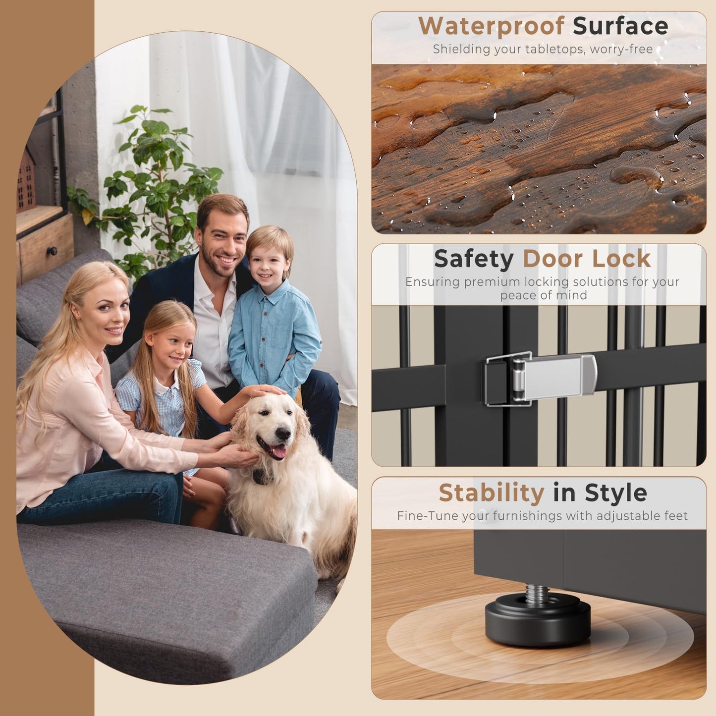 Lyromix 43'' Dog Crate Furniture with 3 Doors, XL Wooden Crate End Table Heavy Duty Indoor Puppy Cage for Medium to Large Dogs, Multiple Units Can be Combined