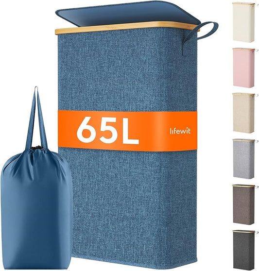 Lifewit 65L Slim Laundry Hamper with Lid, Narrow Laundry Basket with Removable Bag & Bamboo Handles, Fodable Thin Dirty Clothes Hamper for Laundry Collapsible Bin for Bathroom Bedroom Dorm, Dark Blue