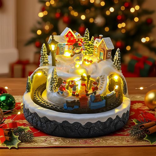 Christmas Village Decoration - Spinning Train & Snowman Musical Collectible with LED Lights | 8 Songs & Timer Function