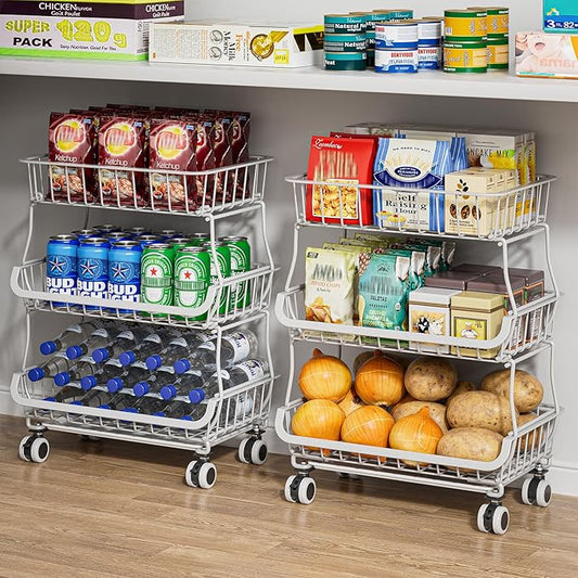 3 Tire Rolling Pantry Organizers and Storage Cart on Wheels | Metal Frame, Under Pantry Cabinet, Drip Tray, Storage for Snack, Potato, Onion, Produce, Can, Drink, Fruit and Vegetable