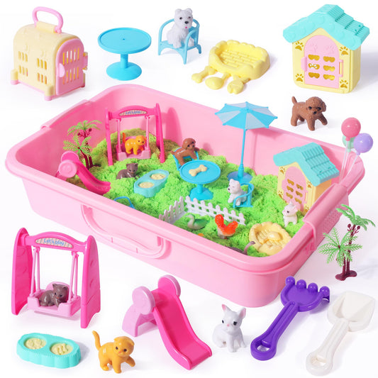 Billeeit Pet Sensory Bin Sand Toy with 2.2lbs Green Moldable Sand, Dog ＆ Cat Play Sand Kit for Boys and Girls Including 28pcs Accessories Total, Sand Box Toys Gift for Kids 3+ Indoor Creativity