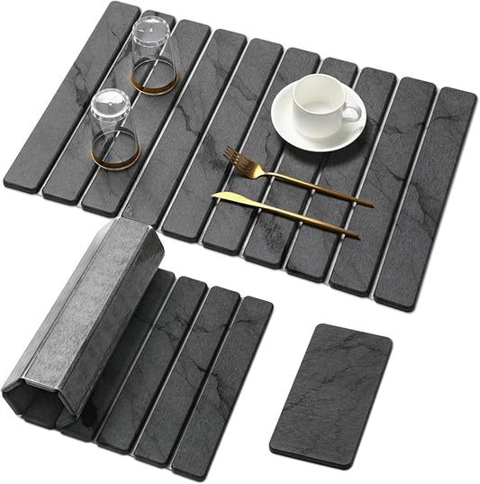 Large Stone Dish Drying Mat for Kitchen Counter, Quick Dry Stone Dishes/Bath Mats,Foldable Water Absorbing Diatomaceous Earth Drying Organizer Pad for Plate Rack Bottles Utensils(Dark Gray 24"×16")