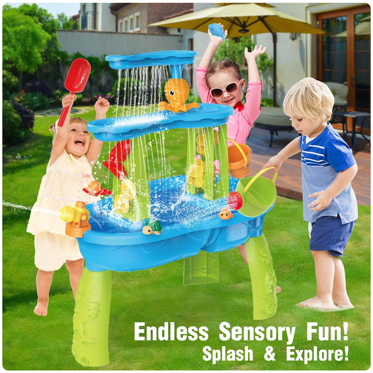 Dolanus 3-Tier Water Table for Toddlers with Pump, Table Cover - Sand Activity Sensory Playset, Summer Outdoor Outside Pool Backyard Beach Toys for Kids Age 1 2 3 4 5 8 Year Old Boys Girls