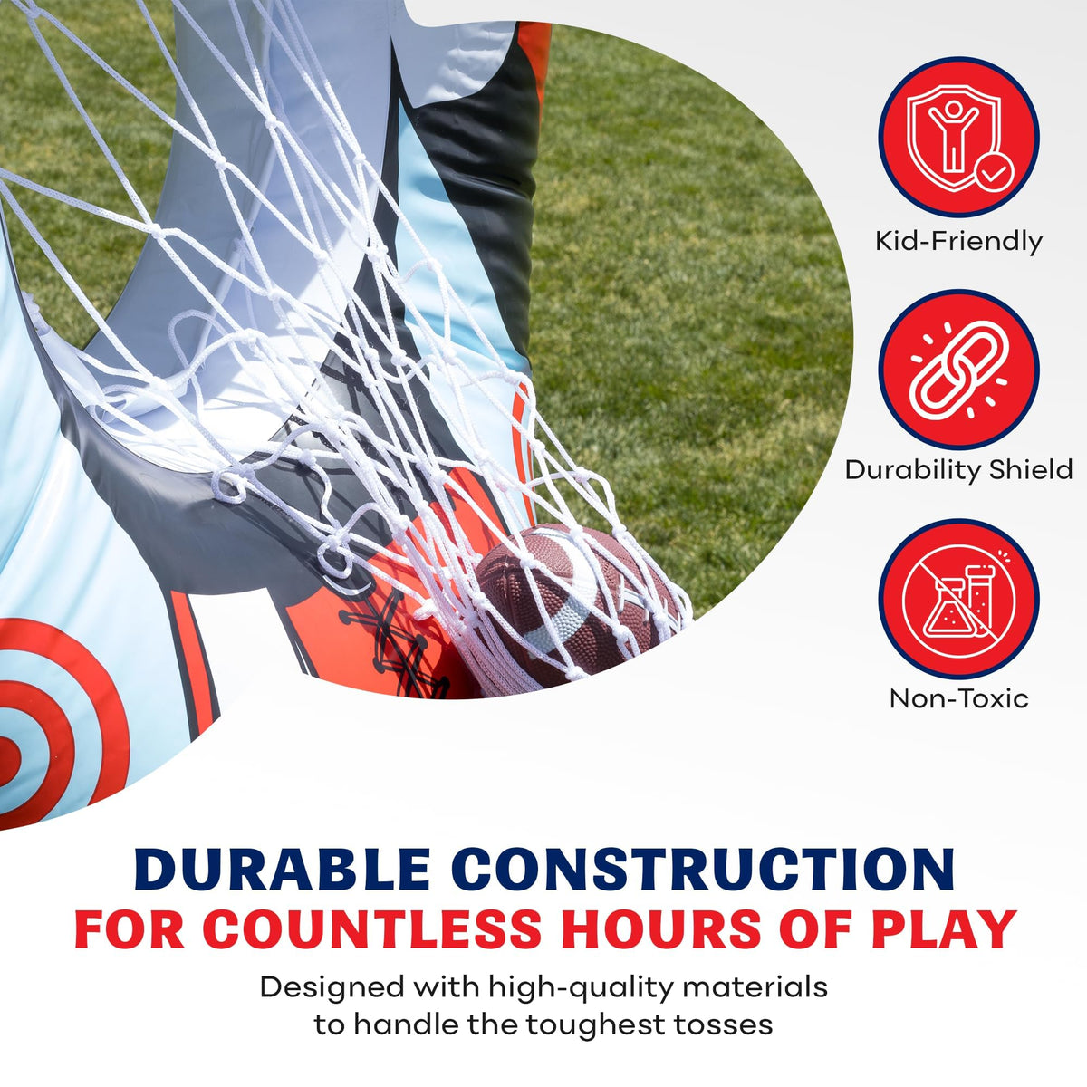 Preferred Toys 65” Inflatable Football Target Net Toss Game - Double-Sided Throwing Practice Football Stuff with Mini Balls - Backyard Tailgate Party Sports Toy for Kids & Adults - Red/Blue