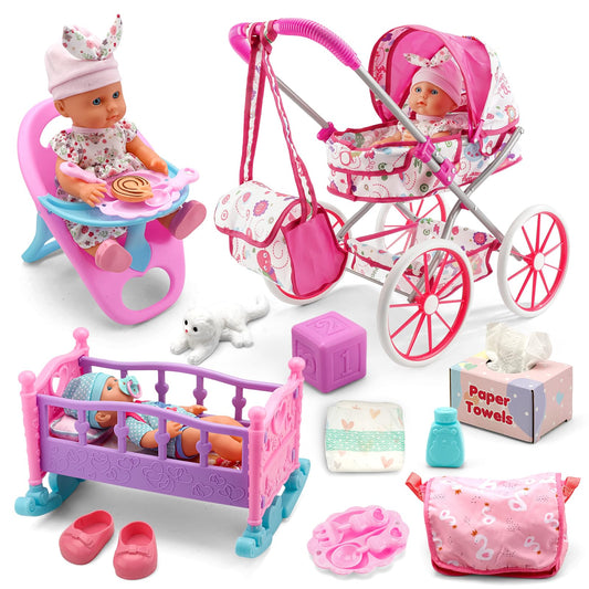 Baby Doll Stroller Toys Set W/ 13'' Baby Doll, Doll's Bed, Dining Chair, 26 PCS Doll Accessories & 2 Set Clothes, Baby Stroller Toys for 3 4 5 Year Old Girl Birthday Gift, Pretend Playset for Toddler