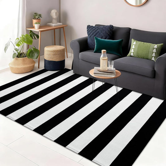 OLANLY Black And White Striped Rug - Washable Cotton Doormat 3' x 5' For Indoor/Outdoor Use