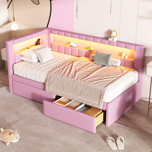 Bellemave Twin Size Upholstered Daybed with Drawers and USB/LED Belt, Corner Bed with Drawers. L-Shape daybed for Bedroom Living Room, Pink（Linen）