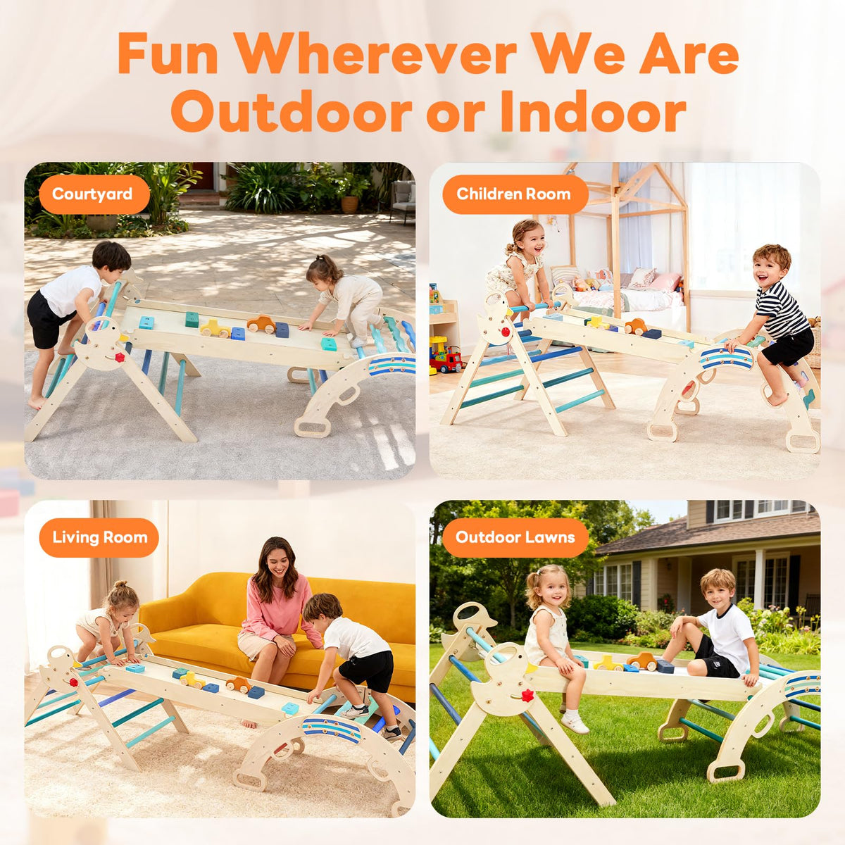 DUMOS Pikler Triangle Set, Toddler Climbing Toys and Play Structure Indoor, 9-in-1 Wooden Montessori Climbing Set with Arch, Ramp and Ladder, Foldable Baby Jungle Gym