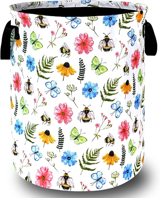 Cute Bee Floral Flowers Laundry Basket Foldable With Handles BeesTote Bag Oxford Cloth Colorful Laundry Hamper Clothes Storage Bucket Toy Organizer 18.9"x16.5" For Bathroom/Laundry/Bedroom