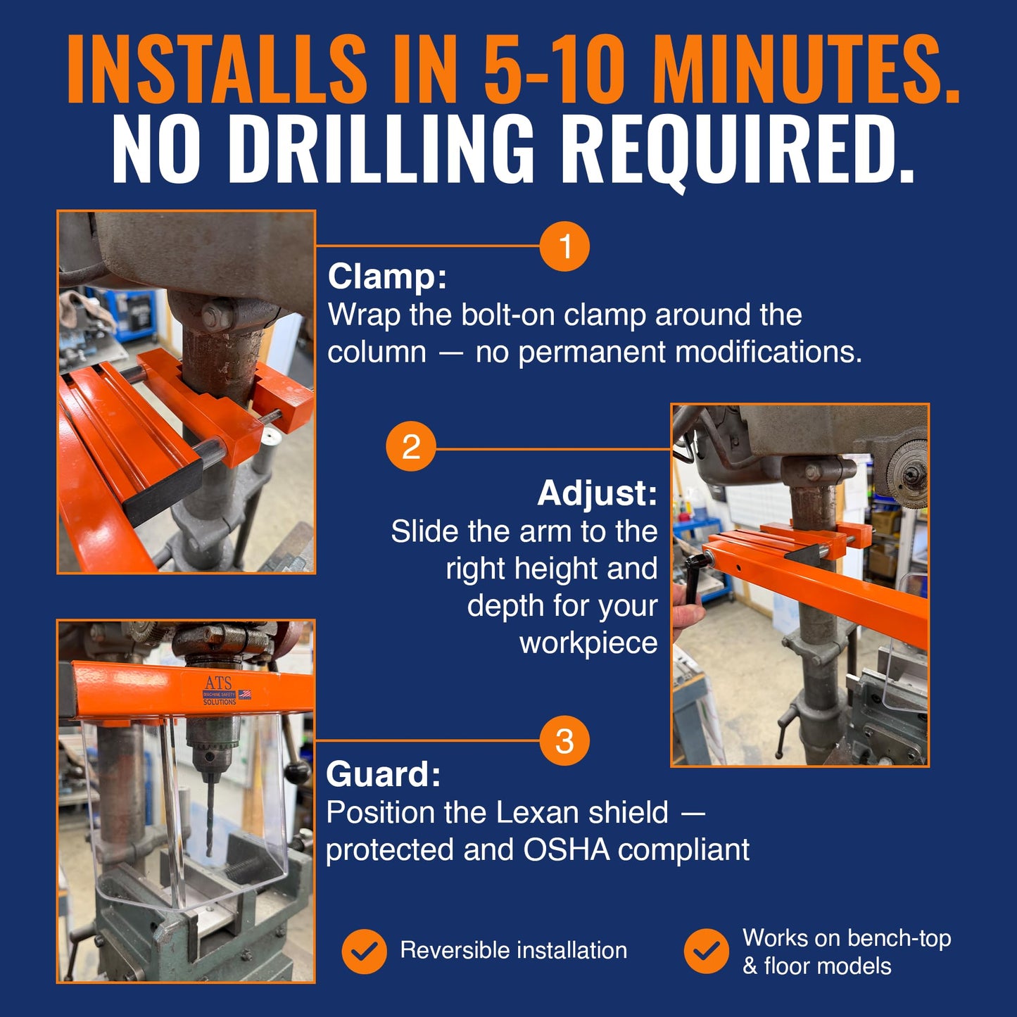 ATS Drill Press Guard | OSHA Compliant Safety Shield for 2.0" to 4.0" Round Columns | Billet Aluminum Clamp, Aluminum Extrusion Frame & Lexan | Made in USA | DPG-ES1
