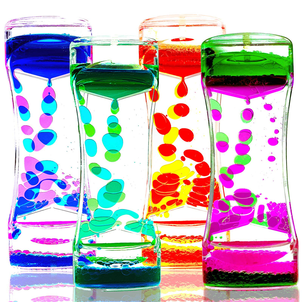 FKYTION Liquid Motion Bubbler Timer Pack of 4 Colorful Hourglass Liquid Bubbler ADHD Fidget Sensory Toys for Kids, Teenagers, Adults