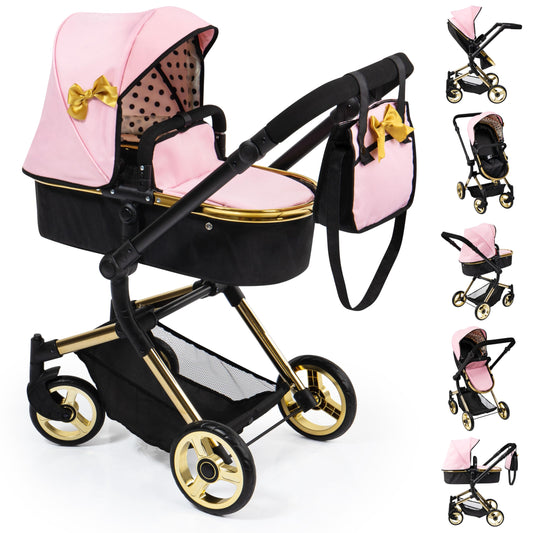 Bayer Pram Neo Vario Convertible Doll Stroller, Pink Black Gold, Foldable Toy with Shoulder Bag, Ages 3+