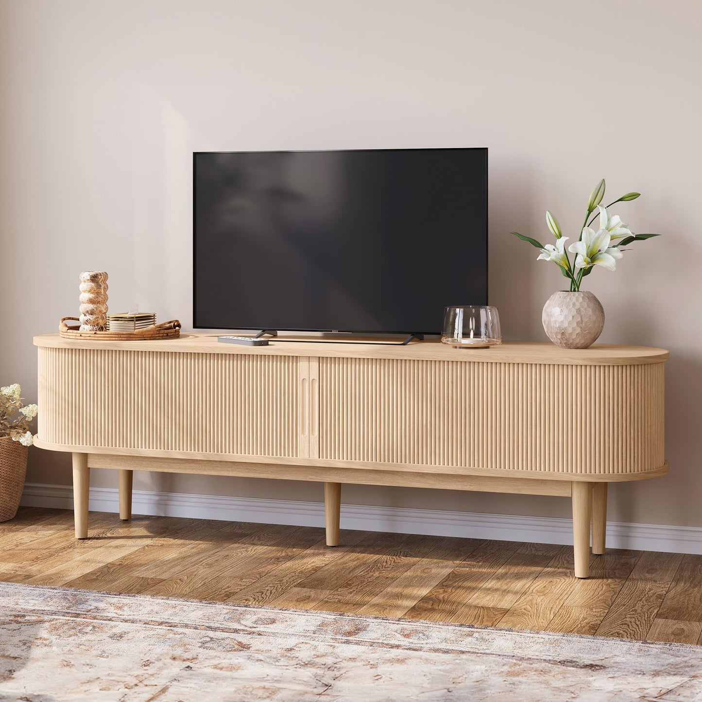 LINSY HOME 70" Fluted TV Stand for TVs up to 80 Inch, Mid Century Modern Entertainment Center with Storage Cabinet and Sliding Doors, Farmhouse Wood Media TV Console for Living Room, Bedroom, Oak