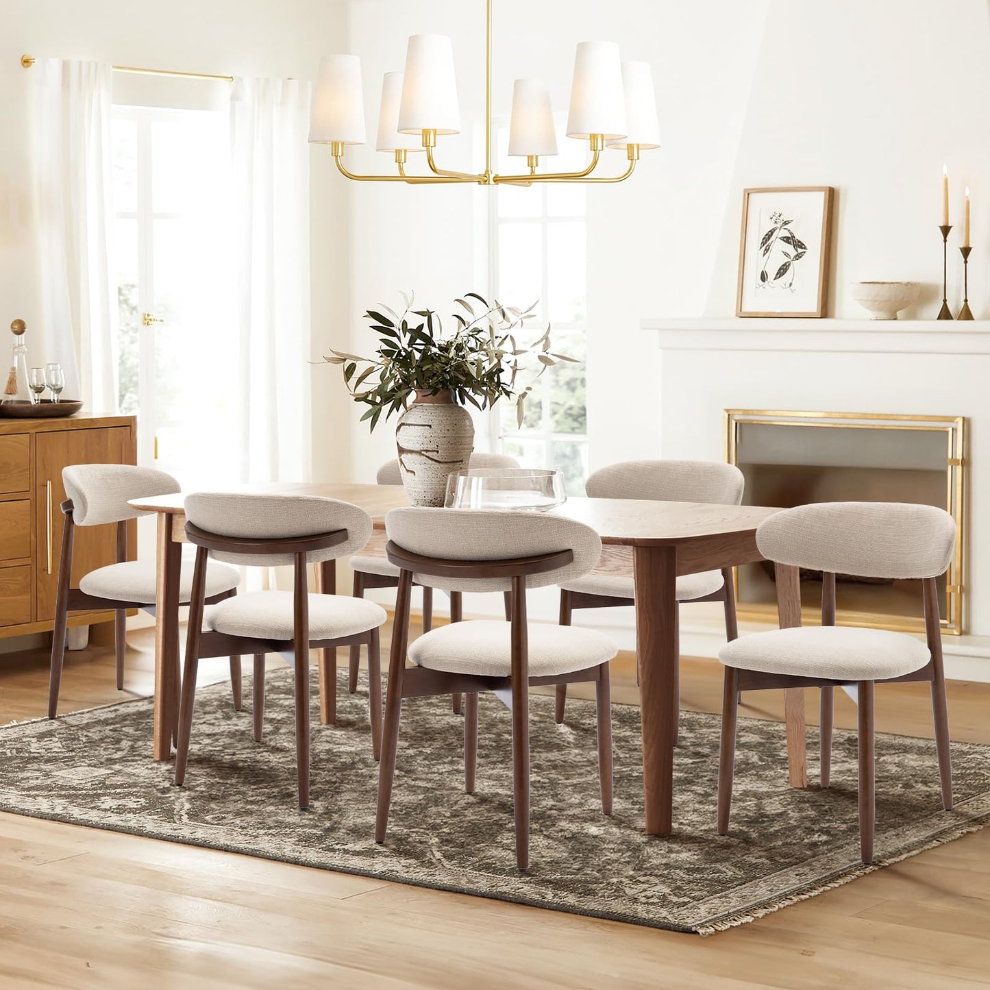 COLAMY Wooden Dining Chairs Set of 6, Modern Fabric Upholstered Dining Room Chair, Farmhouse Kitchen Side Chairs with Foot Pegs, Beige
