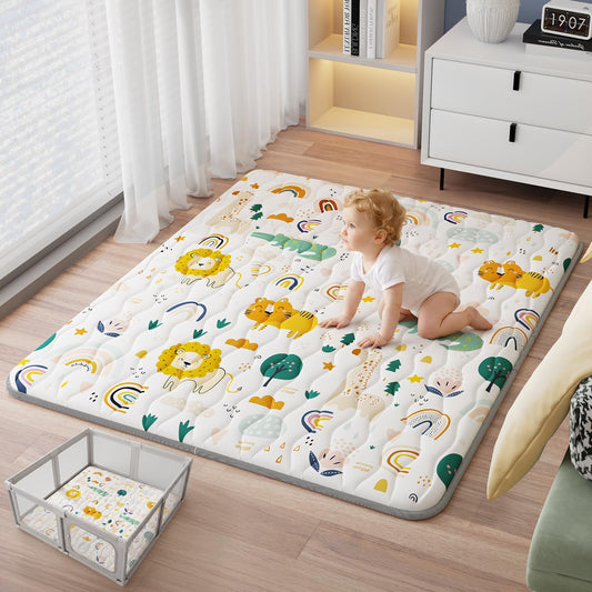 Baby Play Mat for Floor, 71"x59" Thickened Playpen Mat, Soft Non-Slip Baby Play Mat, Foldable & Machine Washable, Portable Waterproof Crawling Playmats for Infants & Toddlers, Rainbow and Animal