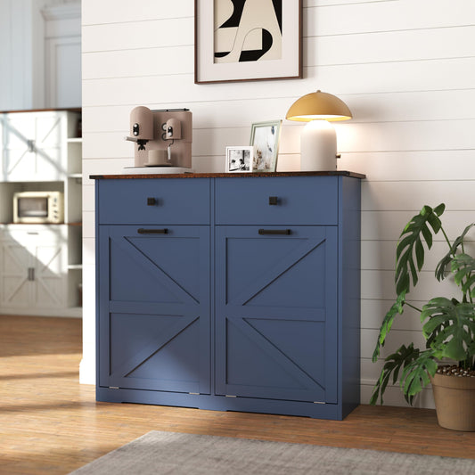 Blue Double Tilt Out Trash Cabinet for 20 Gallon Trash Cans, Free Standing Recycling Cabinet with Hideaway Drawer, Barn Door Style Laundry Sorter Cabinet, Tilt Out Trash Cabinet for Kitchen