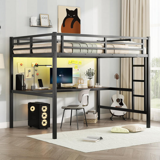 Bellemave Metal Full Size Loft Bed with Desk and Charging Station,Heavy Duty Loft Bed Frame with LED Lights and USB for Kids,Teens,Adults,Full Size,Black