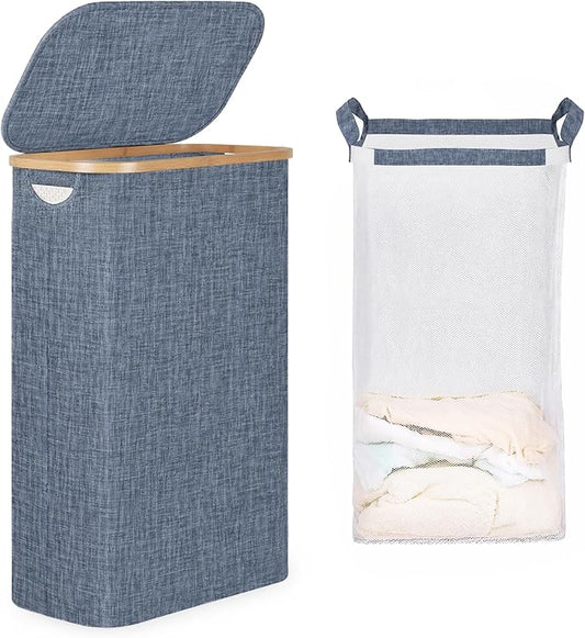 iEGrow 65L Slim Laundry Hamper, Narrow Laundry Basket with Lid,Foldable Clothes Hamper with Bamboo Handles,Hamper Basket with Removable Inner Bag for Laundry Room Bedroom College Dorm,17.17 Gals Blue