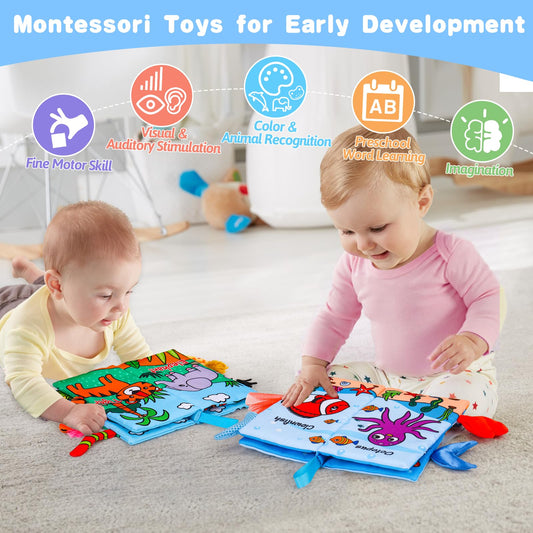 2PCS Baby Books Toys 0-6 Months Infant Tummy Time Sensory Travel Toys 3 4 5 6 Month Crinkle Touch Feel Busy Soft Book for Babies 0-3 3-6 6-12 Months Newborn Essentials Must Haves Boy Girl Shower Gifts
