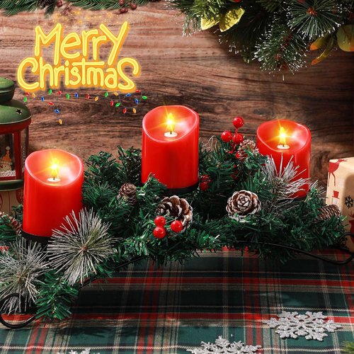 Mudder Christmas Table Centerpiece Set - 20'' Steel Base with 3 Flameless LED Candles & Red Berry Decor