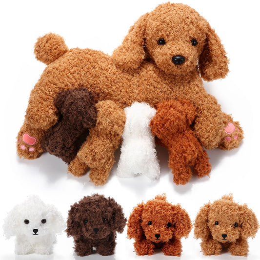 Honoson Nurturing Dog Mommy Plush Set with 4 Baby Puppies Soft Cute Dog Themed Stuffed Plush Toys for Kids Girls Boys Easter Birthday Gifts(Curly)