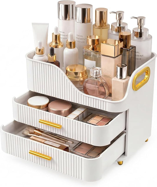 Booklov Countertop Makeup Organizer with Drawers, 3 Tier Large Cosmetic Storage Box for Vanity, Bathroom Counter, Dresser, Skincare Display Case for Lipsticks, Beauty Palettes, Teen Girl Gifts, White