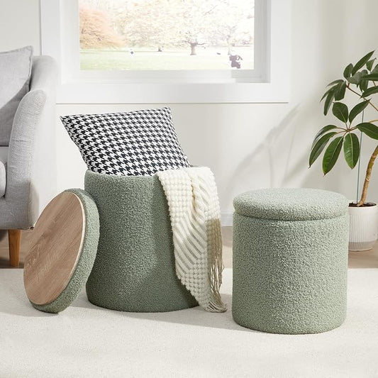 Royal Windsor Boucle Round Ottoman with Storage Set of 2,Small Foot Stool Ottoman for Living Room,Small Coffee Table, Vanity Stool with Storage for Bedroom, Green