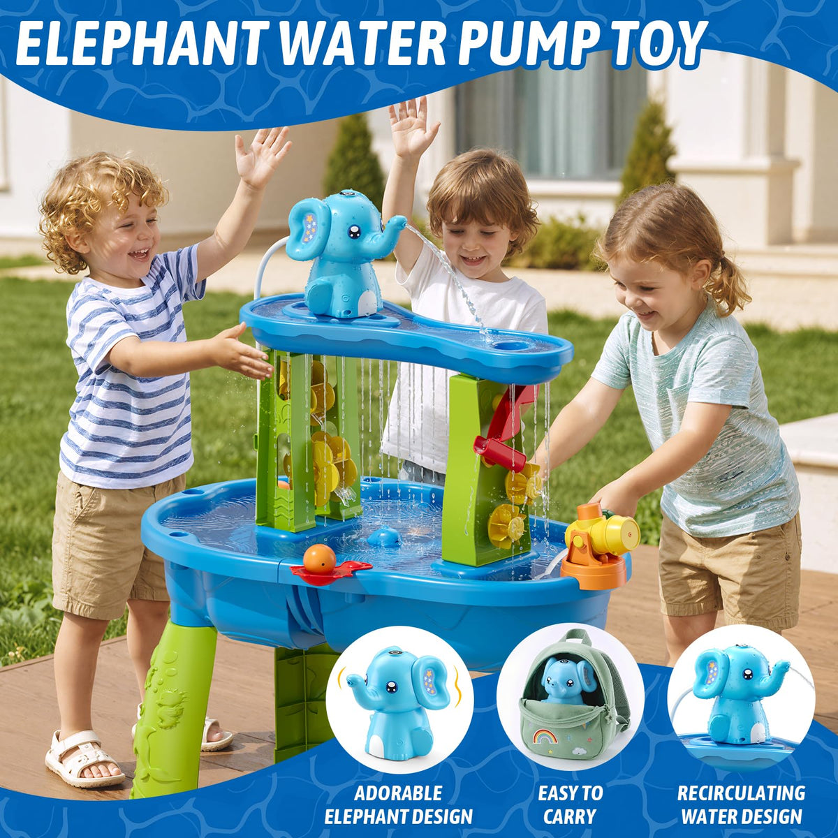 HYES Water Table Pump, Rechargeable Cordless Pump with Magnetic, Elephant Water Pump Continuous Flow, Non-Stop Summer Outdoor Outside Backyard Fun Toys Gifts for Toddlers Kids, Blue