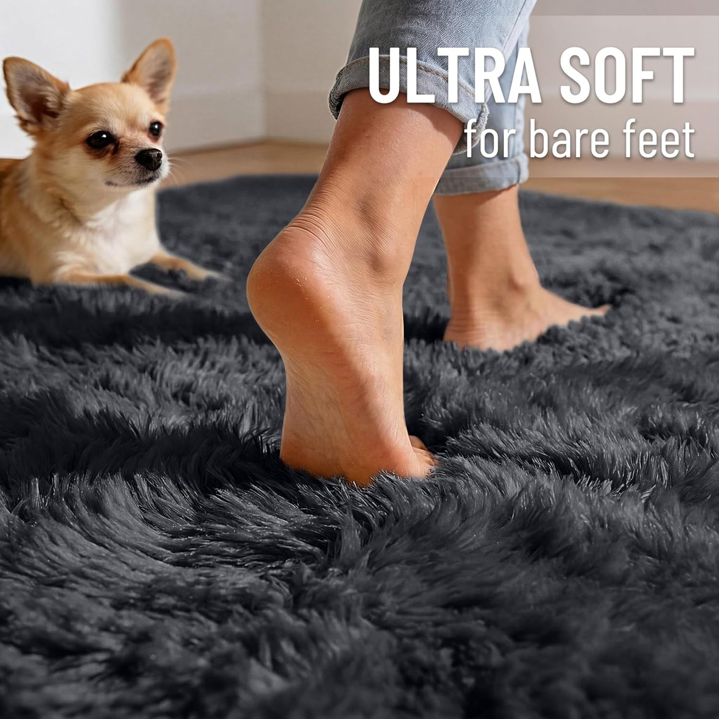 OLANLY Area Rugs - Soft Fluffy Shaggy Indoor Carpet for Living Room & Bedroom | 4x11 ft, Black