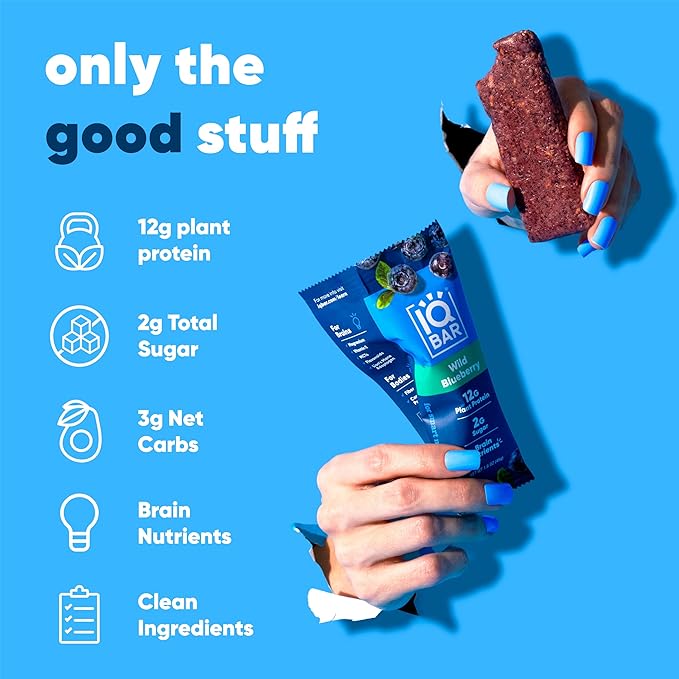 IQBAR Brain and Body Plant Protein Bars - Wild Blueberry - 12-Count Low Carb - Gluten Free, High Fiber, Vegan Snacks - Low Sugar Meal Replacement