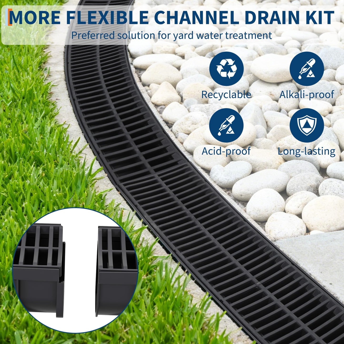 GarveeHome 5-Pack HDPE Trench Drain System, 5.9" w x 5.1" h Driveway Drainage Channel with Plastic Grates & End Caps, Heavy Duty for Patio, Garage, Yard & Pool Deck - Black 39.4" l