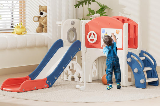 67i 10 in 1 Toddler Slide Playset for 1-3 Years - 1-Hour Easy Assembly, Sturdy Compact Design, Indoor/Outdoor Playground with Drawing Board, Golf & Climbing Skill Development (Red Blue)