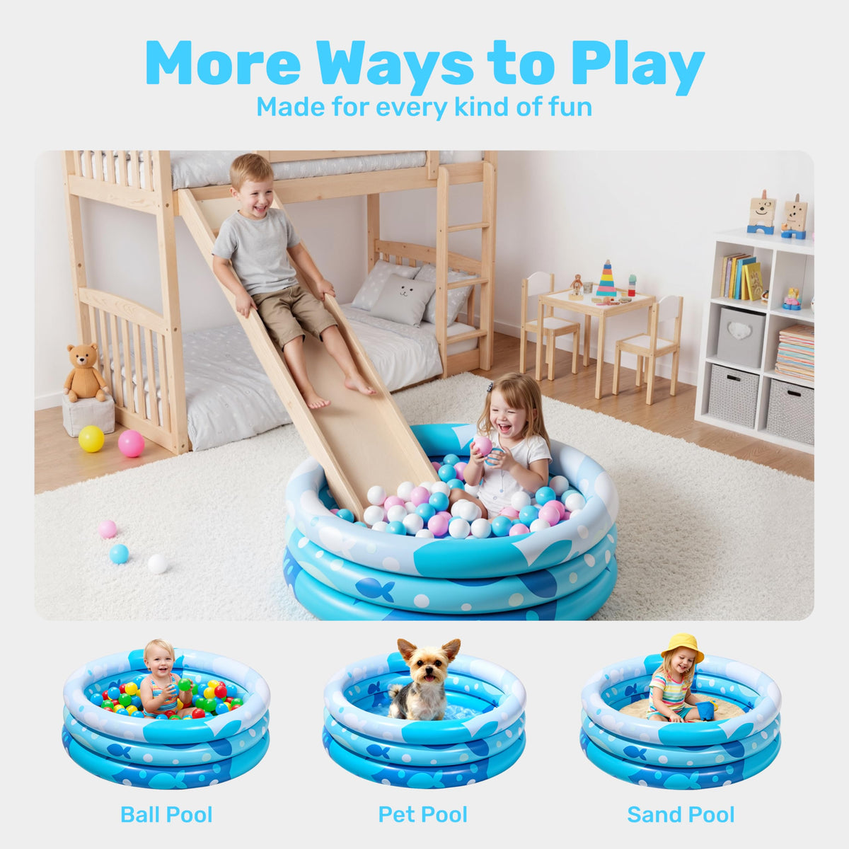 Sloosh Inflatable Kiddie Pool, 34"x10" Blow Up Kid Swimming Pool,3 Rings Blue Baby Pool for Toddler,Play Pit for Dog with Geometric Pattern for Summer Water Party Backyard Garden(Fish)