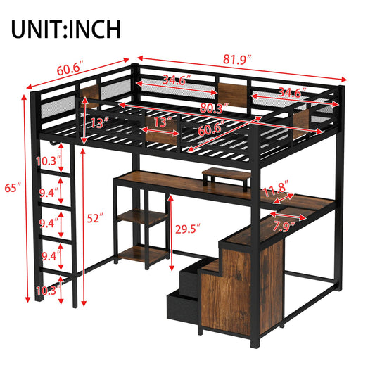 Bellemave Queen Loft Bed with Desk & Storage Fabric Drawers & Shelves, Heavy Duty Metal Frame Loft Bed for Adults & Teens, Space Saving Bed for Apartments & Dorm, No Box Spring Needed, Black